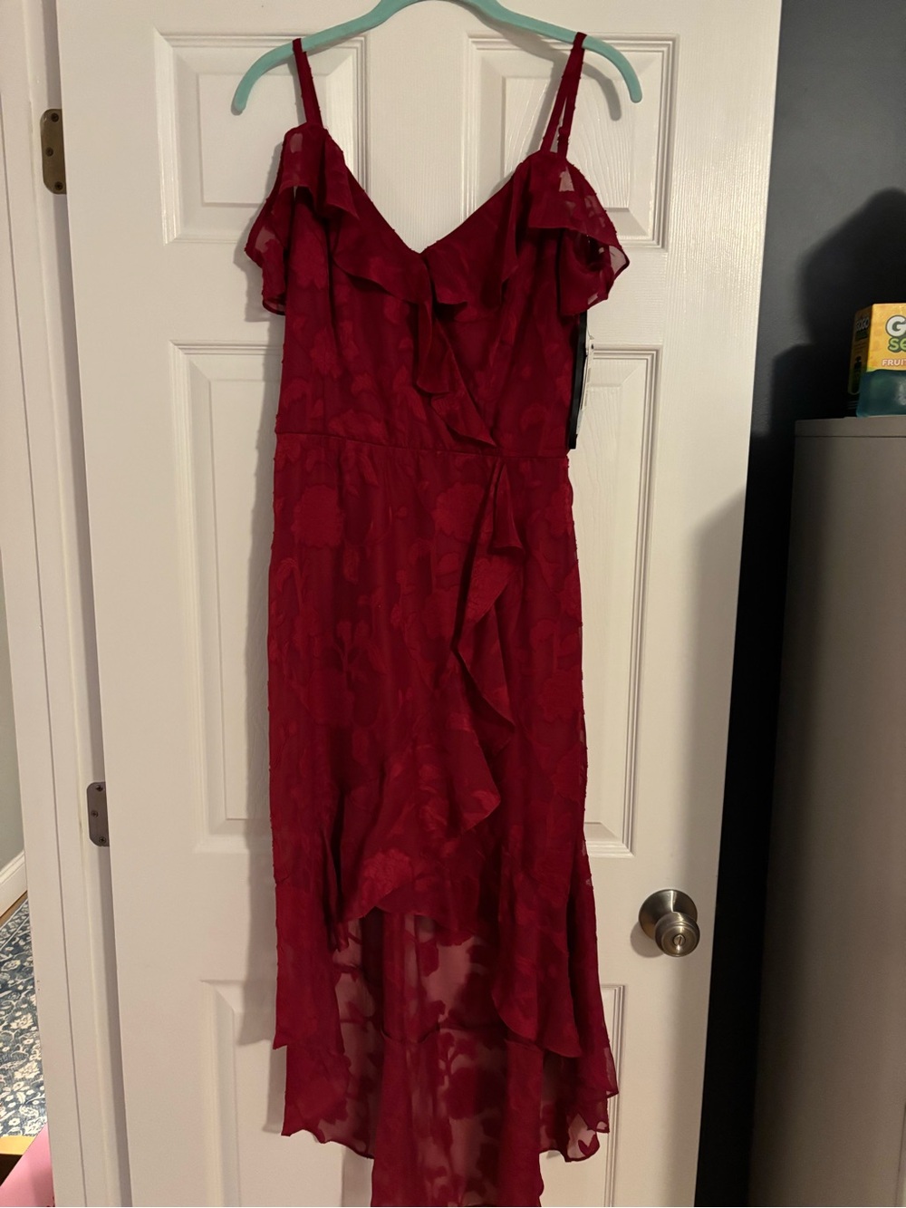 BCBG Crimson Floral Ruffle High-Low Dress